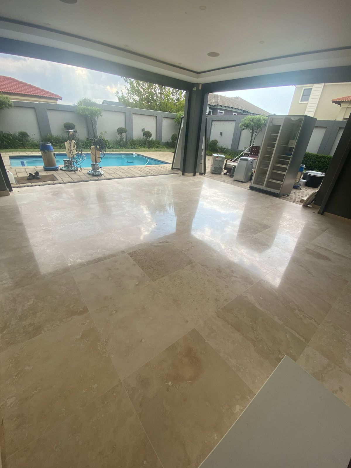 Restored natural stone floor in a bright interior